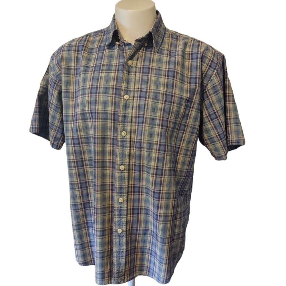 Rue21 Shirt Medium Mens Plaid Blue Green Button Down Short Sleeve Norm Core Bold